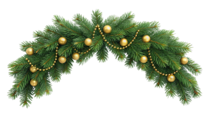Green Christmas garland with gold baubles and beads on a pixelated background pine needles