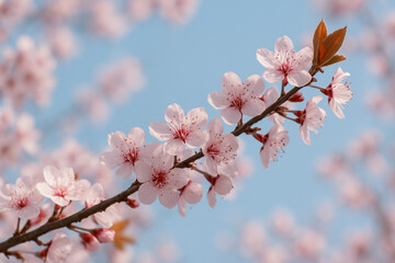 Fototapeta premium AI generated pink sakura blossoms blooming along a branch with delicate petals and soft red stamens against a clear blue sky expressing spring freshness romance serenity and natural beauty