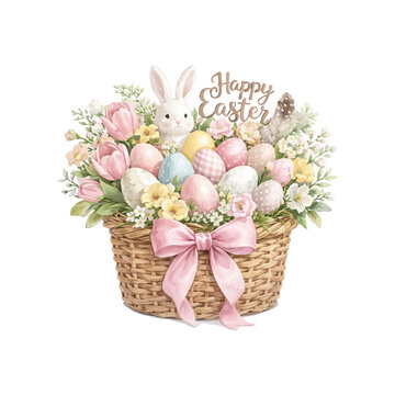 Cute Easter basket with pastel eggs, spring flowers and bunny, watercolor style vector illustration isolated on white background. Perfect for Easter cards, invitations, prints and holiday designs.