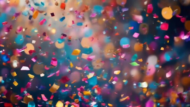 Vibrant confetti falls from above filling the air with colorful shapes and lights.