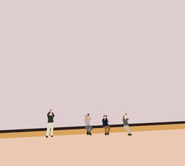 Tourism use smartphone take photo on blue sky at viewpoint. Creative perspective, modern travel lifestyle