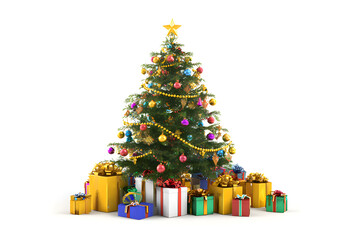 Christmas tree with colorful ornaments white background