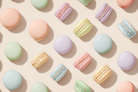Pastel french macaroon dessert pattern. Delicious bakery confectionery treat texture. Sweet food background for celebrate and party.