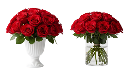 Two lush bouquets of vibrant red roses presented in elegant vases isolated on transparent background