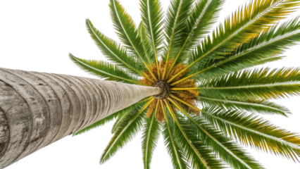 Tall palm tree trunk with green and yellow fronds against a pixelated background 1