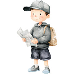 watercolor of boy wearing shorts, a gray hoodie, and a baseball cap, carrying a newspaper in a school bag