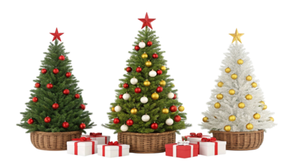 Three Christmas Trees with Decorations and Gifts in Baskets ornaments