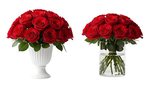 Two lush bouquets of vibrant red roses presented in elegant vases isolated on transparent background