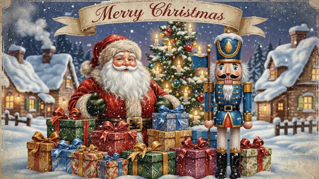 Christmas scene illustration santa claus nutcracker gifts festive holiday season