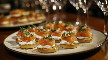 Fototapeta premium Elegant smoked salmon canap,s with cream cheese for festive catering