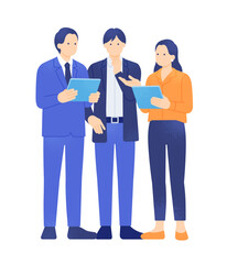 DX・ペーパーレス化。女性の提案をタブレットで議論、検討するビジネスパーソンのイラスト素材。