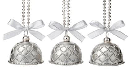 Three Silver Bell Ornaments with Ribbons and Beaded Chains shiny 1