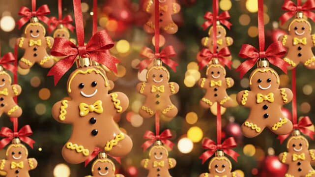 Decorated gingerbread men ornaments hanging with ribbon and christmas lights