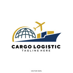 Global Cargo Logistic Services Logo with Plane, Ship, and Globe
