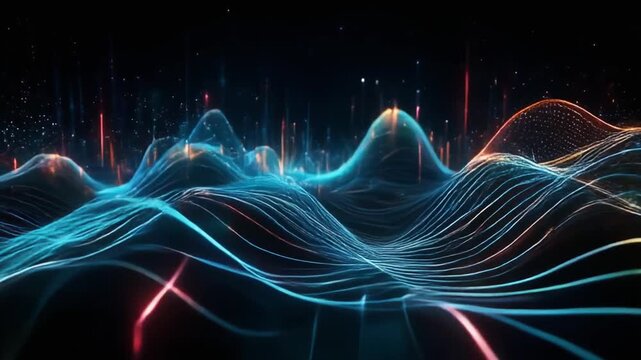 Vibrant digital waves undulate across a dark, futuristic landscape illuminated by neon lights from various viewpoints