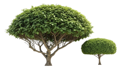 Two Lush Green Trees with Detailed Roots and Leaves on Pixelated Background two trees