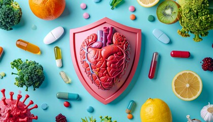 Human heart model protected by a shield, surrounded by healthy fruits, vegetables, vitamins, and immune-boosting supplements on a blue background.