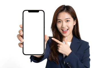 Woman with blue blazer and white shirt holds smartphone, mobile concept