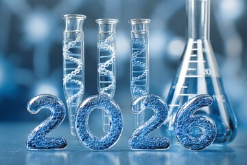 Scientific research concept with 2026 written in bubble numbers and laboratory glassware containing dna helix for genetic engineering development