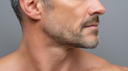 Fototapeta premium Matte male jawline with crisp texture detail, closeup of mature man with stubble beard, healthy skin, neutral grey background, confident expression
