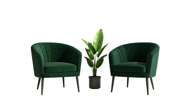 Zwei dunkelgr&uuml;ne Sessel mit Pflanze &ndash; modernes 3D-Interior - PNG