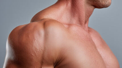 Fototapeta premium Close up focus of shoulder and upper arm glowing smoothly, showing healthy skin texture, muscular male body, fitness, strength, and wellness concept