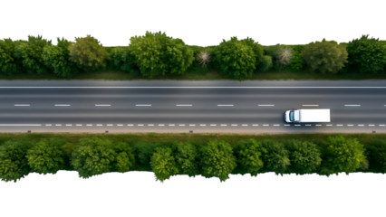 Aerial view of white truck driving on highway with green trees isolated on a transparent background road 1