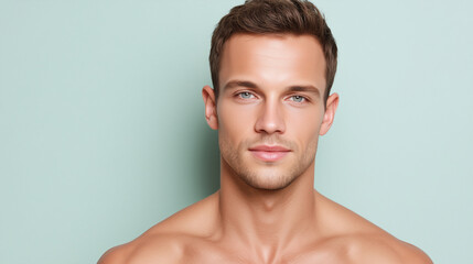 Fototapeta premium Handsome male with soft glowing pores, clean symmetry, clear skin, blue eyes, short brown hair, and confident expression against light background