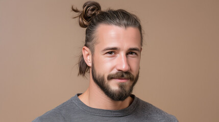 Fototapeta premium Calm and confident man with top knot hairstyle, beard, and mustache, wearing gray shirt, standing against soft beige background, expressing relaxed and friendly mood