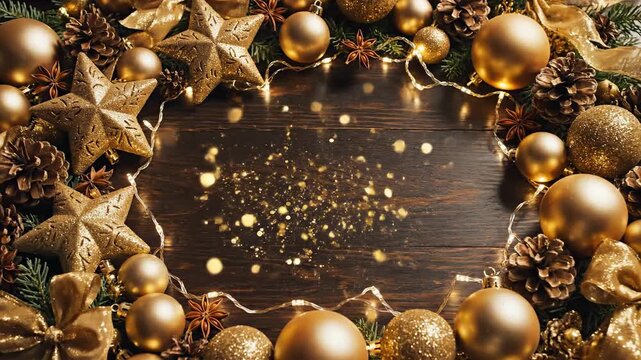 Festive wreath with golden decorations and central copy space