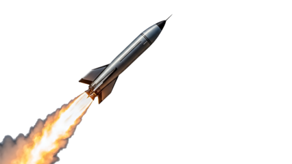 Silver rocket launching with flames isolated on a transparent background space 1