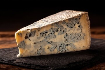 A wedge of marbled blue cheese with distinctive veins rests on a dark textured board. The cheese has a creamy yellow base with grayish-blue mold, showing a mature, rich character