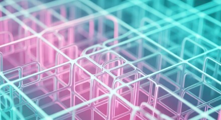 Abstract network structure in turquoise and pink, connecting geometric lines