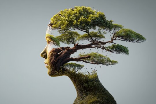 Silhouette of a human head creatively merged with a tree, showcasing green foliage and branches extending gracefully. Nature and humanity blend harmoniously, symbolizing connection and growth