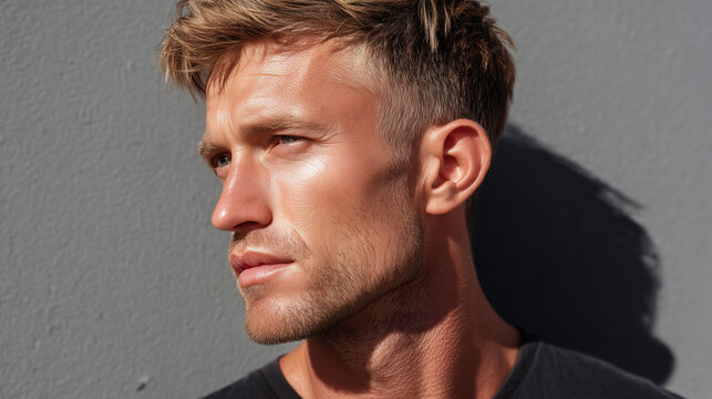 Sun kissed male face with warm gradient light, short blonde hair, stubble jawline, serious expression, bright grey background, casual black shirt, outdoor natural lighting