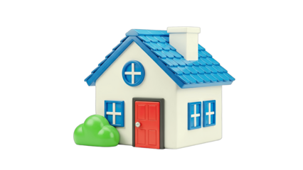 3D Cartoon House with Blue Roof and Red Door on White Background