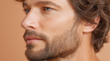 Obraz premium Matte skin male profile close up with soft natural light, pastel sand background, calm expression, healthy complexion, subtle beard, clear blue eyes, youthful appearance