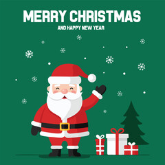 Merry Christmas and Happy New Year greeting card with waving Santa Claus and gifts on green background