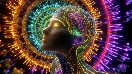 Futuristic Digital Human with Neon Circuitry and Vivid Lights