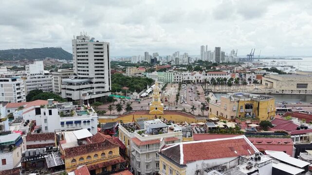 Architectural contrast in Cartagena: Colonial Old Town and modern Bocagrande skyline.