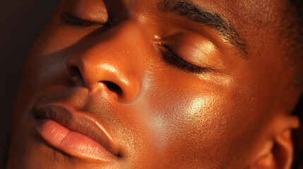 Fototapeta premium Full face close up of man with glowing skin, smooth lips, closed eyes, and even complexion, showing healthy, radiant, and moisturized appearance in warm natural light