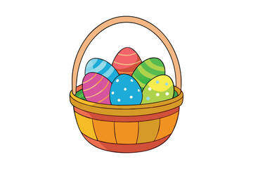 Easter basket filled with colored eggs on white background