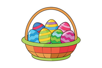 Easter basket filled with colored eggs on white background