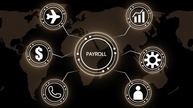 Global Payroll System Concept with Icons and World Map Background image photo
