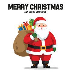 Merry Christmas and Happy New Year illustration of Santa Claus holding a sack full of gift boxes