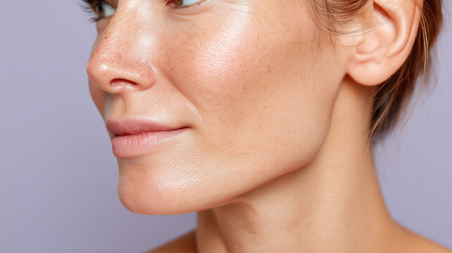 Ultra close shot of cheek pore texture with natural shine, smooth skin, subtle freckles, and healthy complexion, showing calm and confident expression on young adult woman