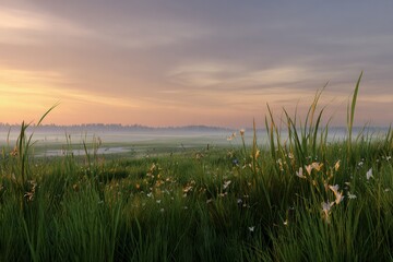 Sunrise Over A Misty Field