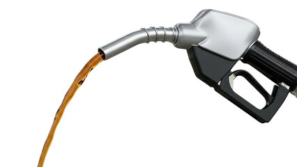 Gasoline pouring from a silver fuel nozzle isolated on a transparent background black