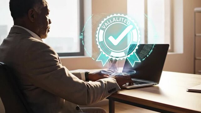 Man Working on Laptop with Quality Guarantee Overlay.