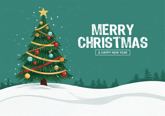 Merry Christmas and Happy New Year banner with a decorated pine tree on a snowy hill